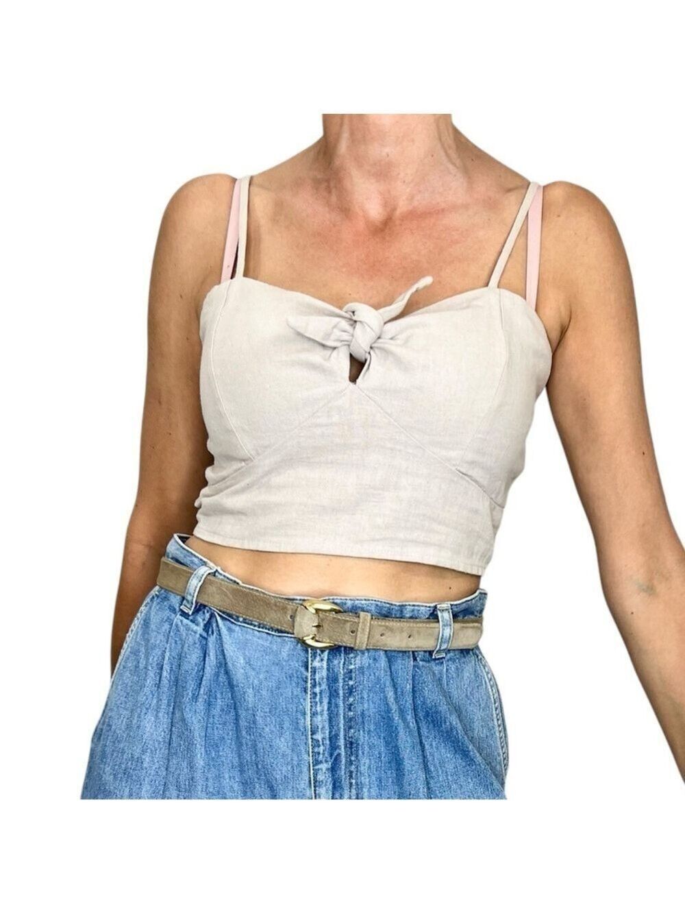 Minimalist neutral beige linen blend tie front cropped thin strap summer top S